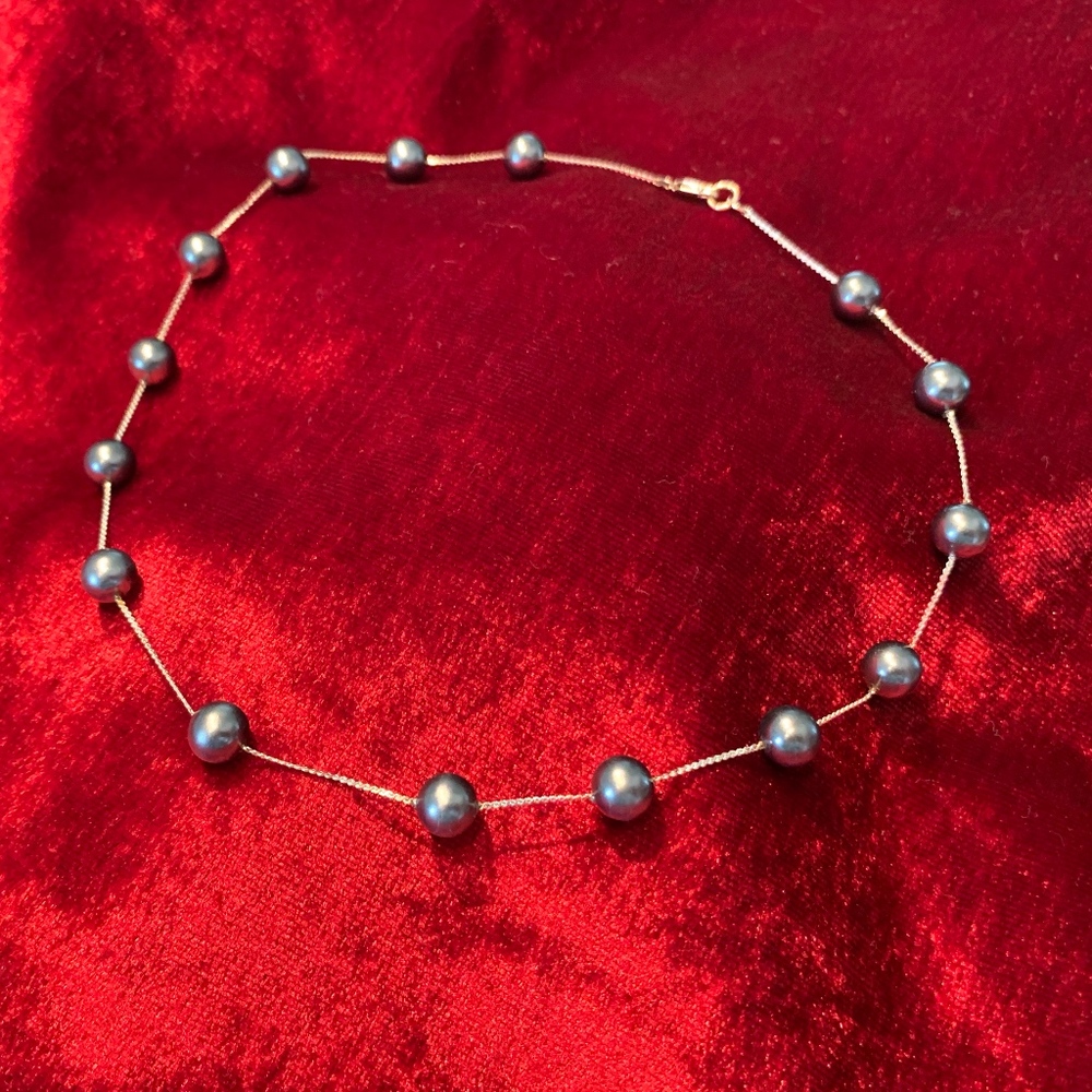 Faux Black Pearl necklace, 16 inch Silver chain